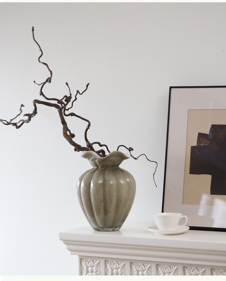 A vintage Fenton glass vase with grey pleated lace, French retro flower arrangement table decoration pic 5