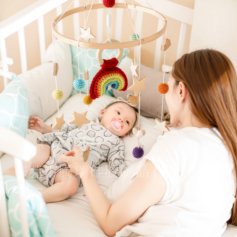 北欧风星星月亮云朵婴儿床挂件满天星床铃可拆卸摇铃木质风铃挂饰详情19