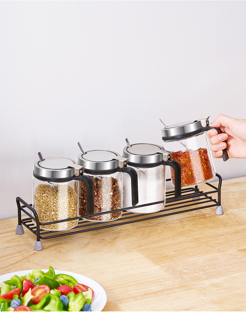 调料罐带勺佐料盒防潮玻璃盐巴罐不锈钢弹簧盖调味瓶厨房家用套装详情11