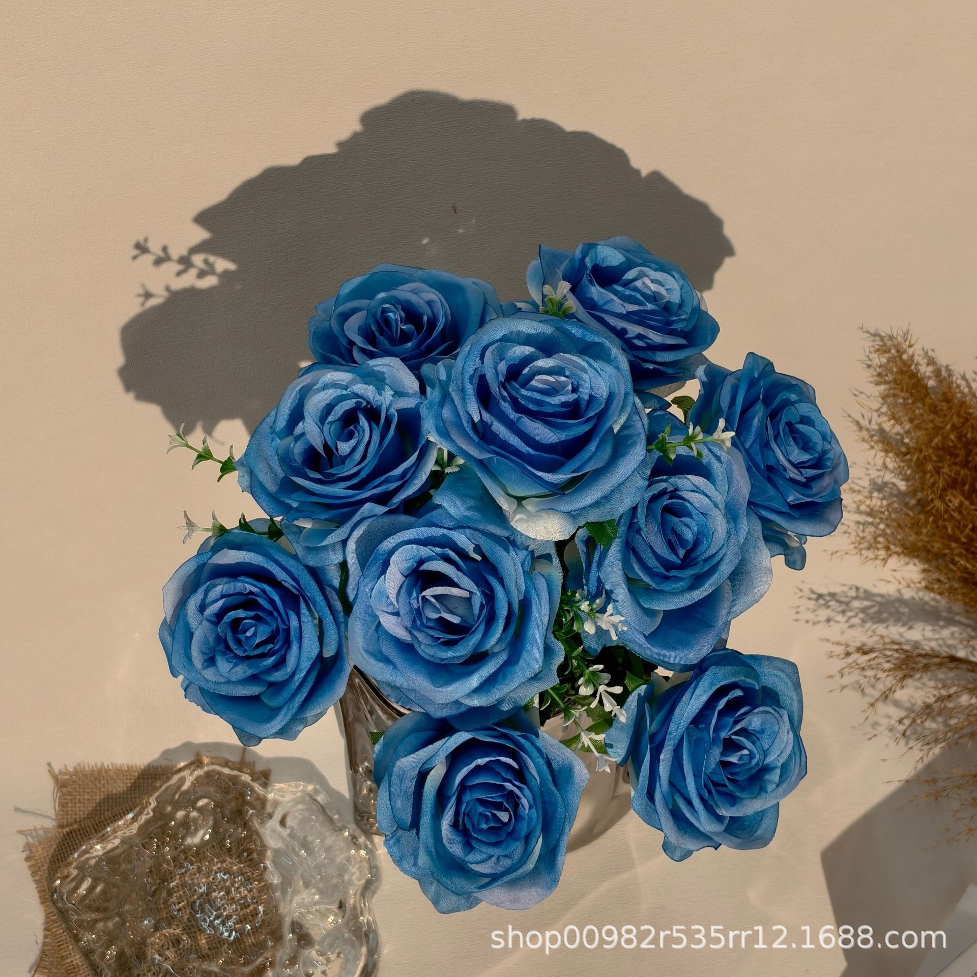 厂家批发10头玫瑰仿真花婚庆婚礼堂装饰玫瑰花假花外贸跨境西洋玫详情7