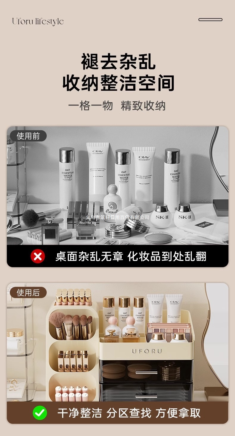 桌面化妆品收纳盒梳妆台家用护肤品置物架高级整理盒防尘化妆箱详情2