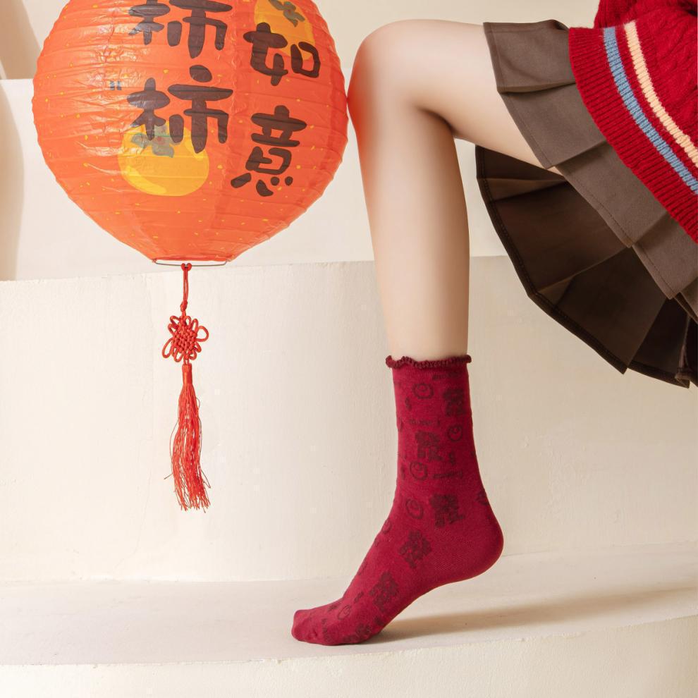 国潮2025新年本命年红袜子男女中筒喜庆发财情侣新年袜百搭红色过年袜详情8