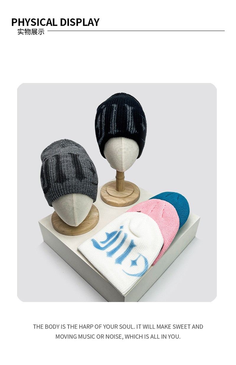 2025 New Korean-style sweet and cool Japanese-style letter cold cap, niche fashion, face-enhancing small ear-protecting knitted cap for winter pic 3
