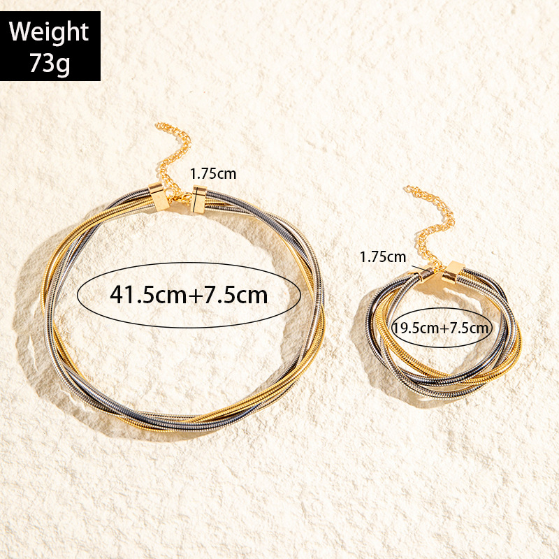 亚马逊跨境个性多层铁弹性蛇骨麻花项圈手链朋克风夸张首饰套装女详情5