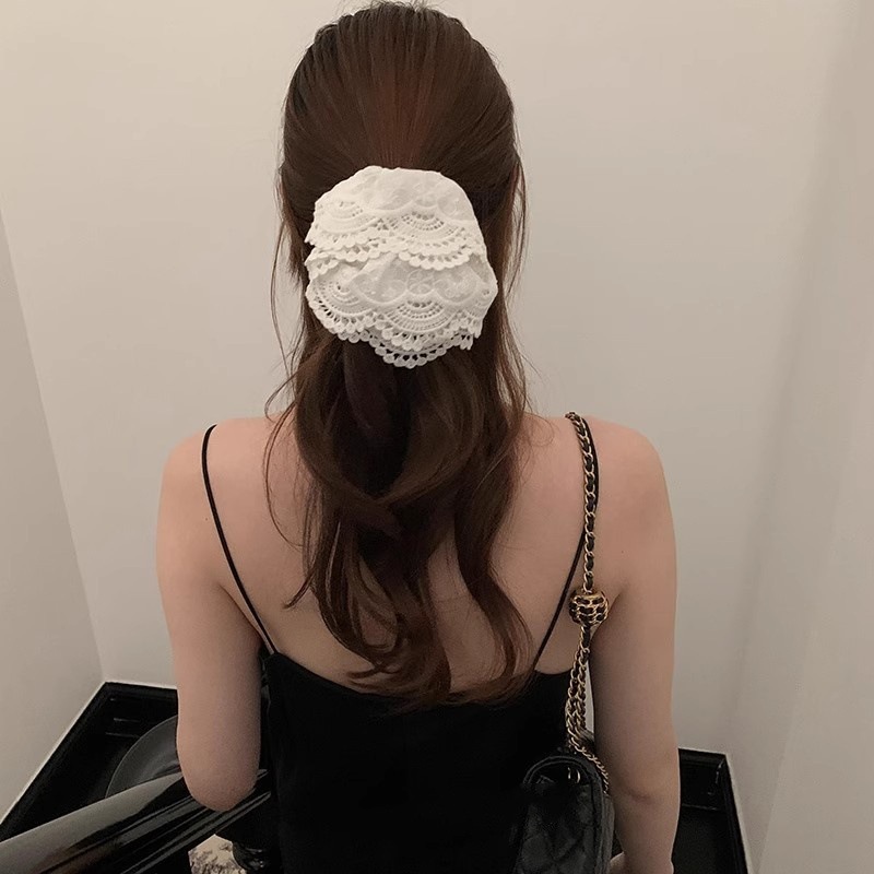 Korean-style large intestine hair band with a high-end feel, a large beige double-layer lace large intestine hair band at the back of the head, a ponytail hair band pic 7