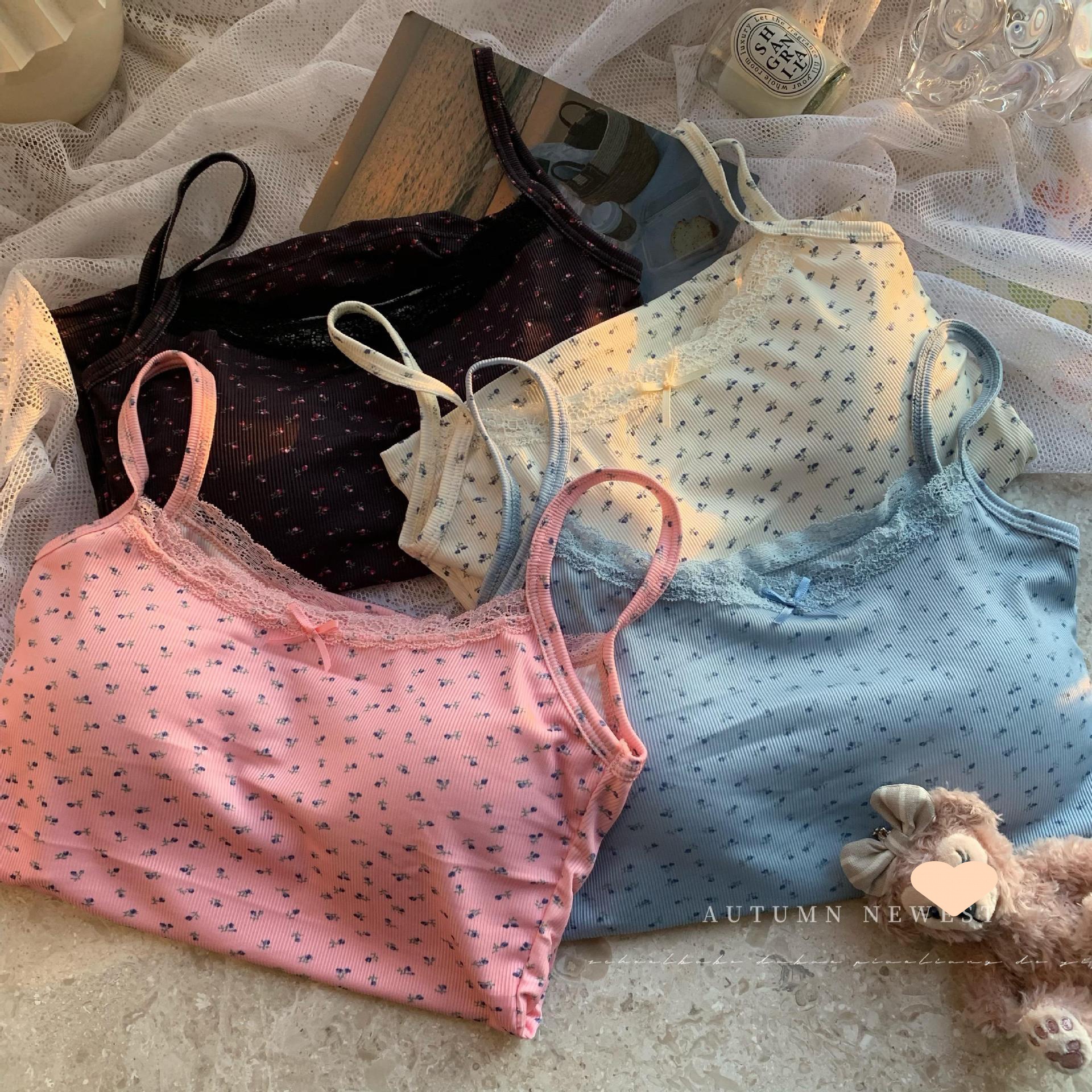 甜辣妹蓝色蕾丝边吊带小背心女夏季bm碎花内搭打底短款带胸垫上衣详情1