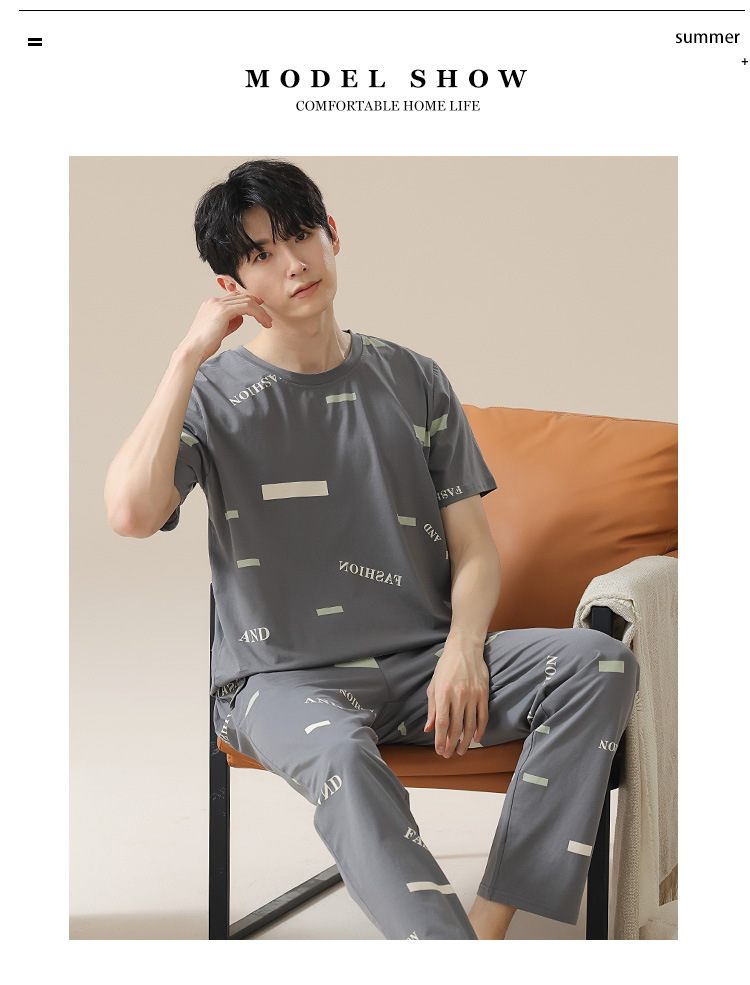 Summer pure cotton pajamas for men, cartoon casual short-sleeved shirts and long pants, pure cotton comfortable home wear, summer youth student set pic 116