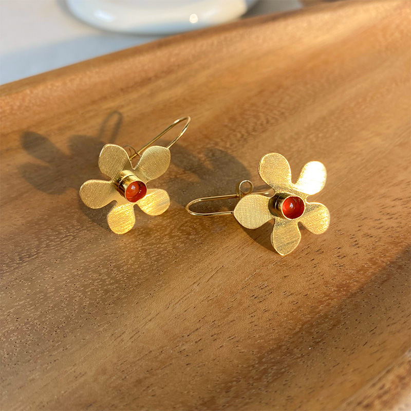 西班牙设计拉丝耳环复古花朵耳钉高级感耳坠耳钩小众文艺镀金中古详情3