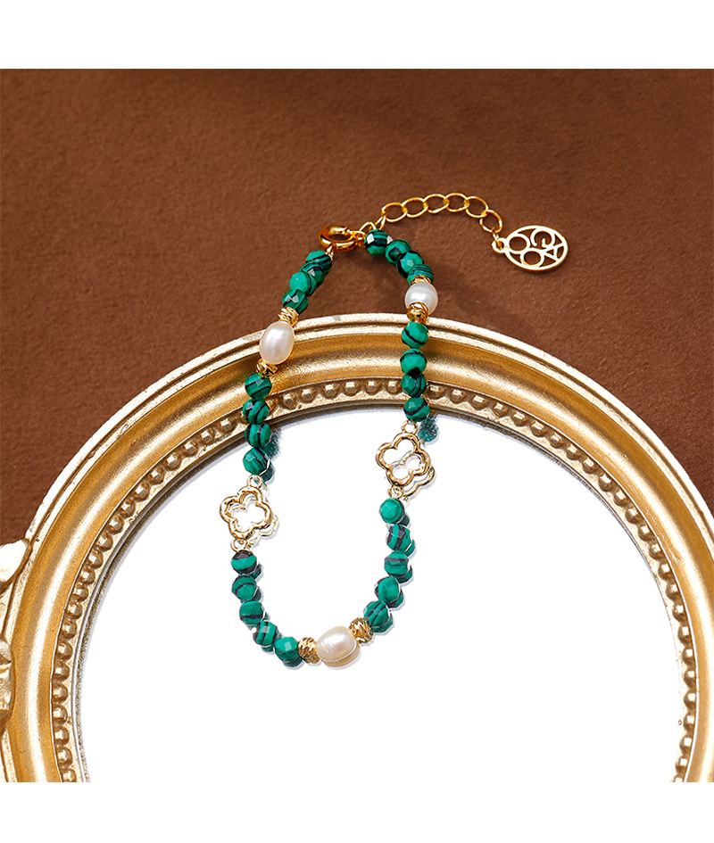 Gentle and elegant freshwater pearl malachite bracelet, noble and retro emerald beaded, simple hollowed-out pattern jewelry pic 5