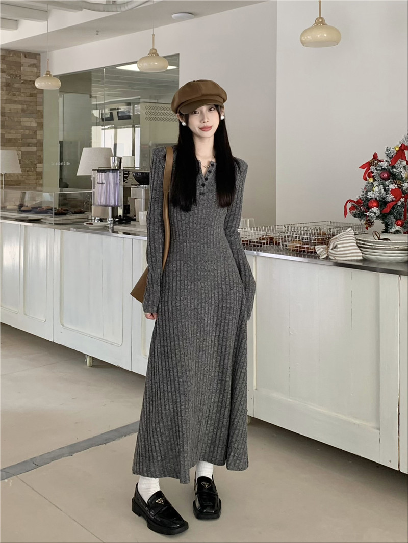 Retro, simple and versatile knitted long-sleeved dress for women, spring waist-cinching and slimming A-line dress, new autumn and winter base long dress pic 33