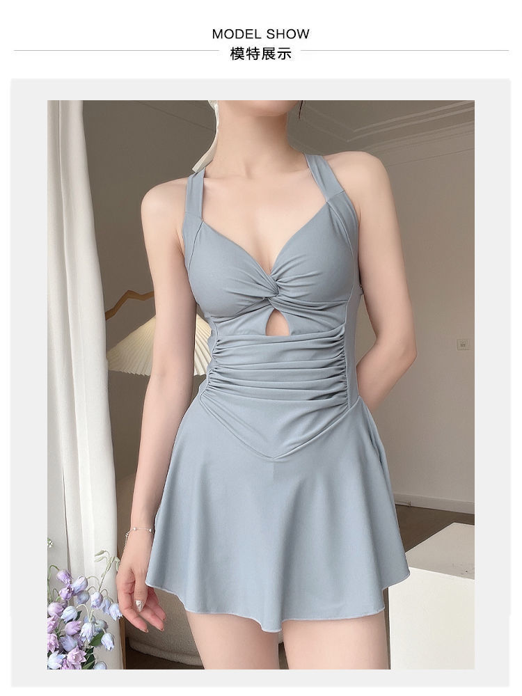 温泉泳衣女时尚爆款纯色显瘦遮肉连体裙式保守收腰性感游泳衣批发-028407详情9