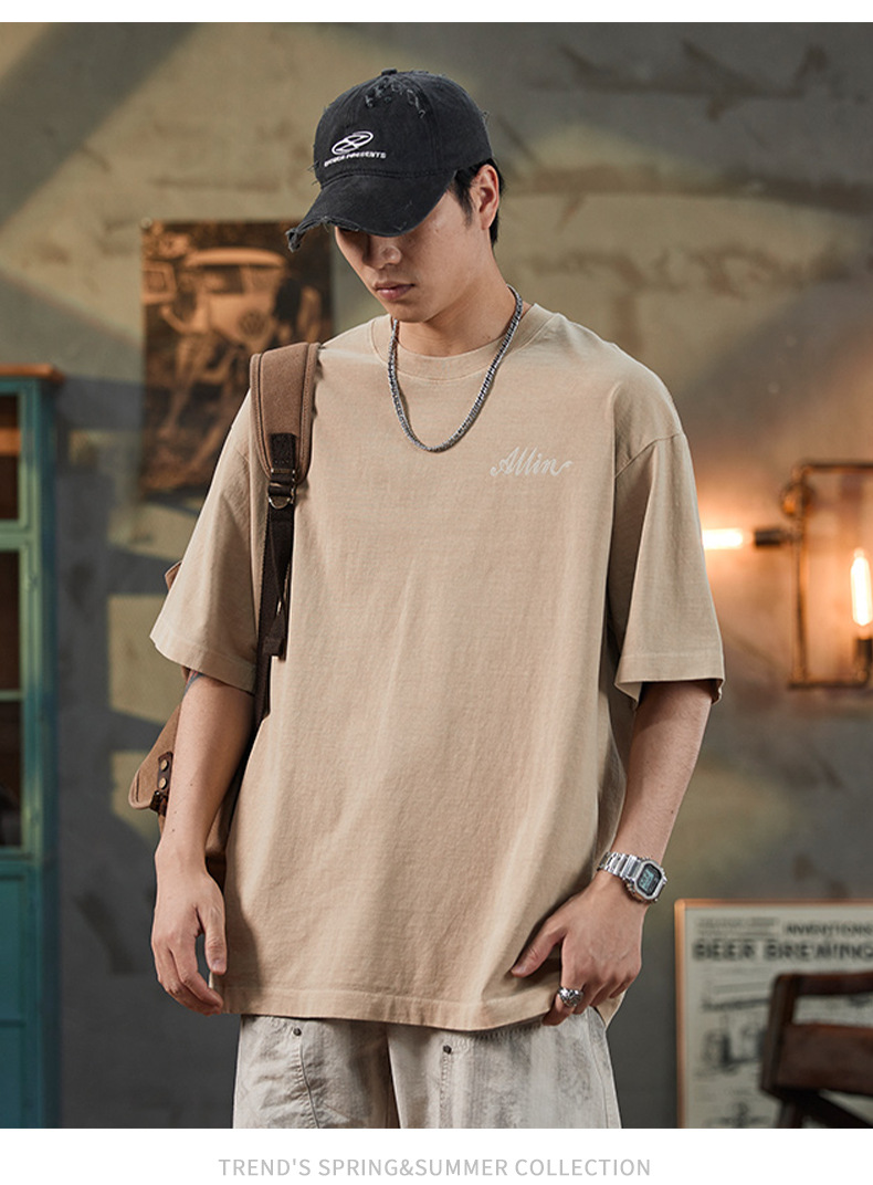 ALLIN pure cotton heavy-duty short-sleeved T-shirt for men, a summer trendy brand with three-dimensional printed letters and loose round-neck couple tops pic 31