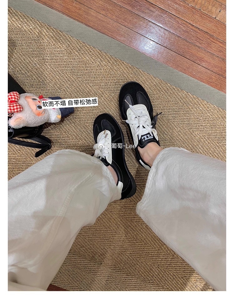 葡萄妈同款系带拼色圆头百搭舒适休闲真皮板鞋增高德训鞋女小白鞋详情8