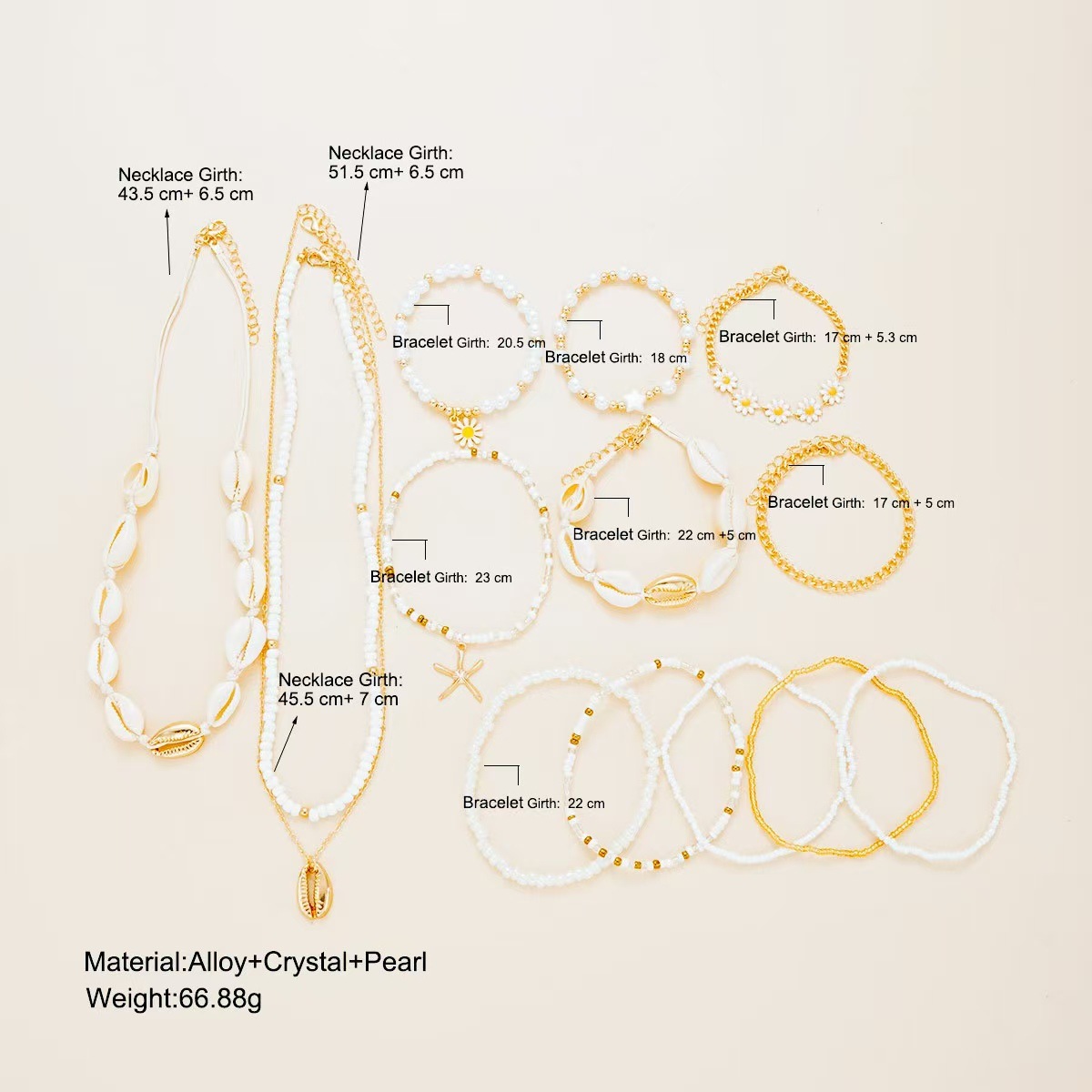 欧美跨境沙滩贝壳时尚风饰品银白米珠贝壳七件套脚链沙滩简约风详情6