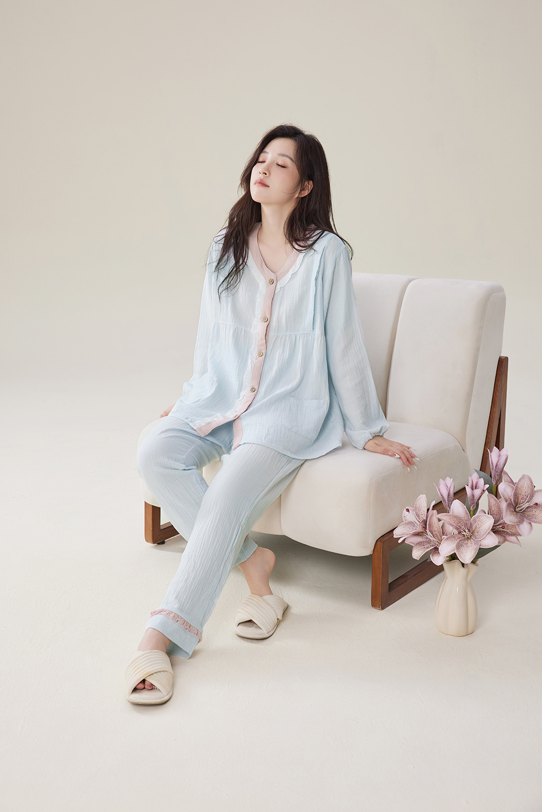 纯棉双层绉布月子服产后春夏吸汗透气甜美纯色纱布孕妇哺乳家居服详情3