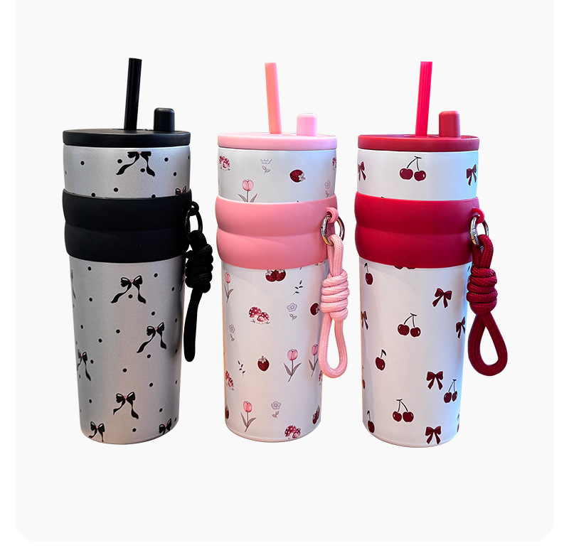新款不锈钢咖啡杯提绳吸管杯小清新图案女生高颜值保温杯便携水杯详情13