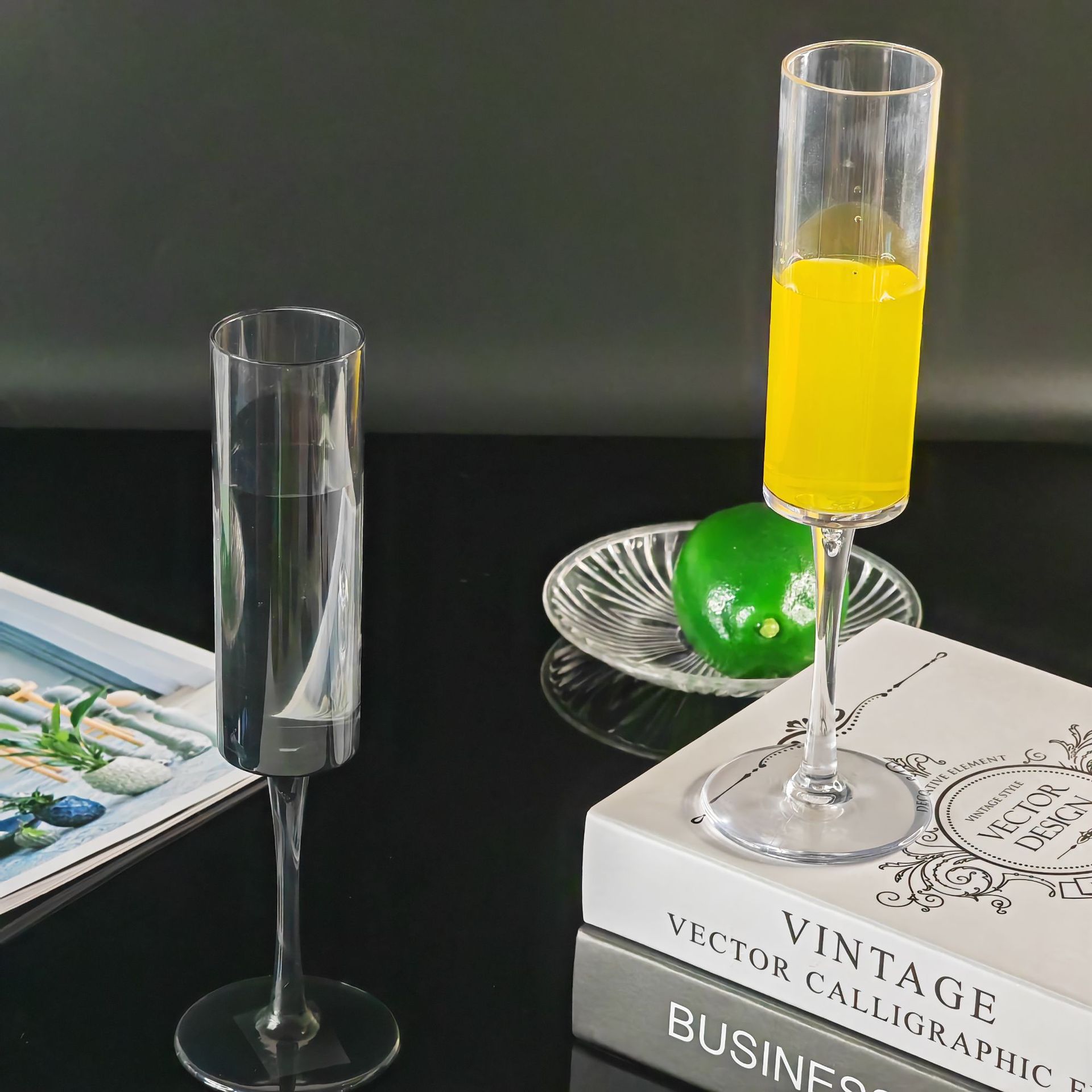 亚克力香槟杯创意高脚PC杯家用塑料黑色透明防摔酒吧鸡尾酒杯礼品详情1