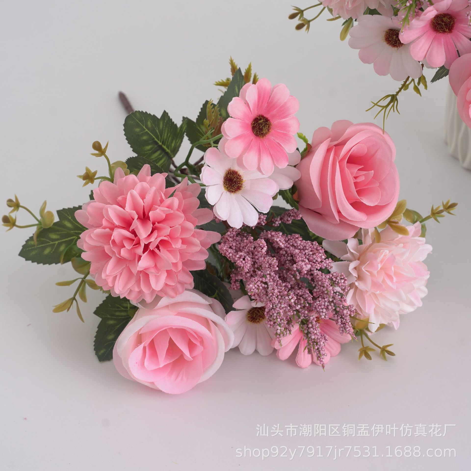 欧式仿真花假花7叉秋色玫瑰球菊手捧花绢花家居婚礼装饰花小把束详情6