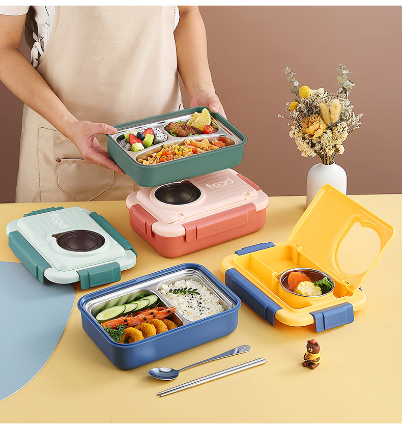 A popular stainless steel three-compartment lunch box with spoons, chopsticks and a small bowl, sealed and compartments, for office workers in the cafeteria pic 12