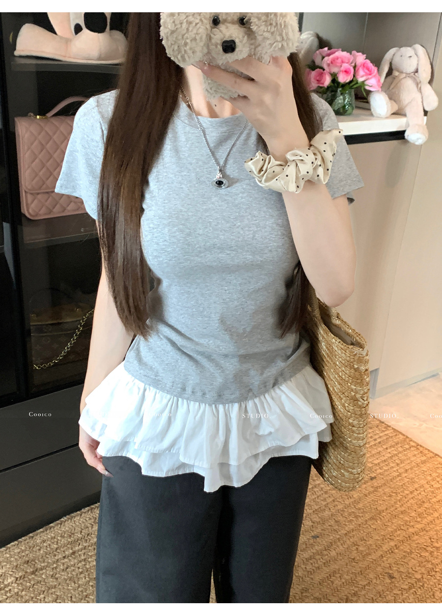 法式荷叶花边下摆拼接白色短袖t恤女夏季设计感修身正肩小衫上衣详情13
