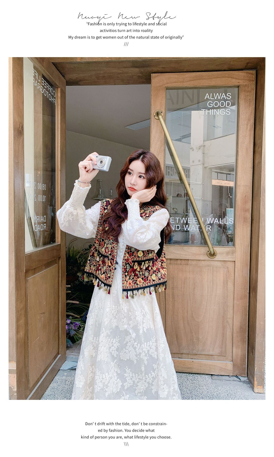 Real shot Bohemian fringed vest jacquard long dress two-piece set 2025 autumn collection lace patchwork V-neck dress pic 17