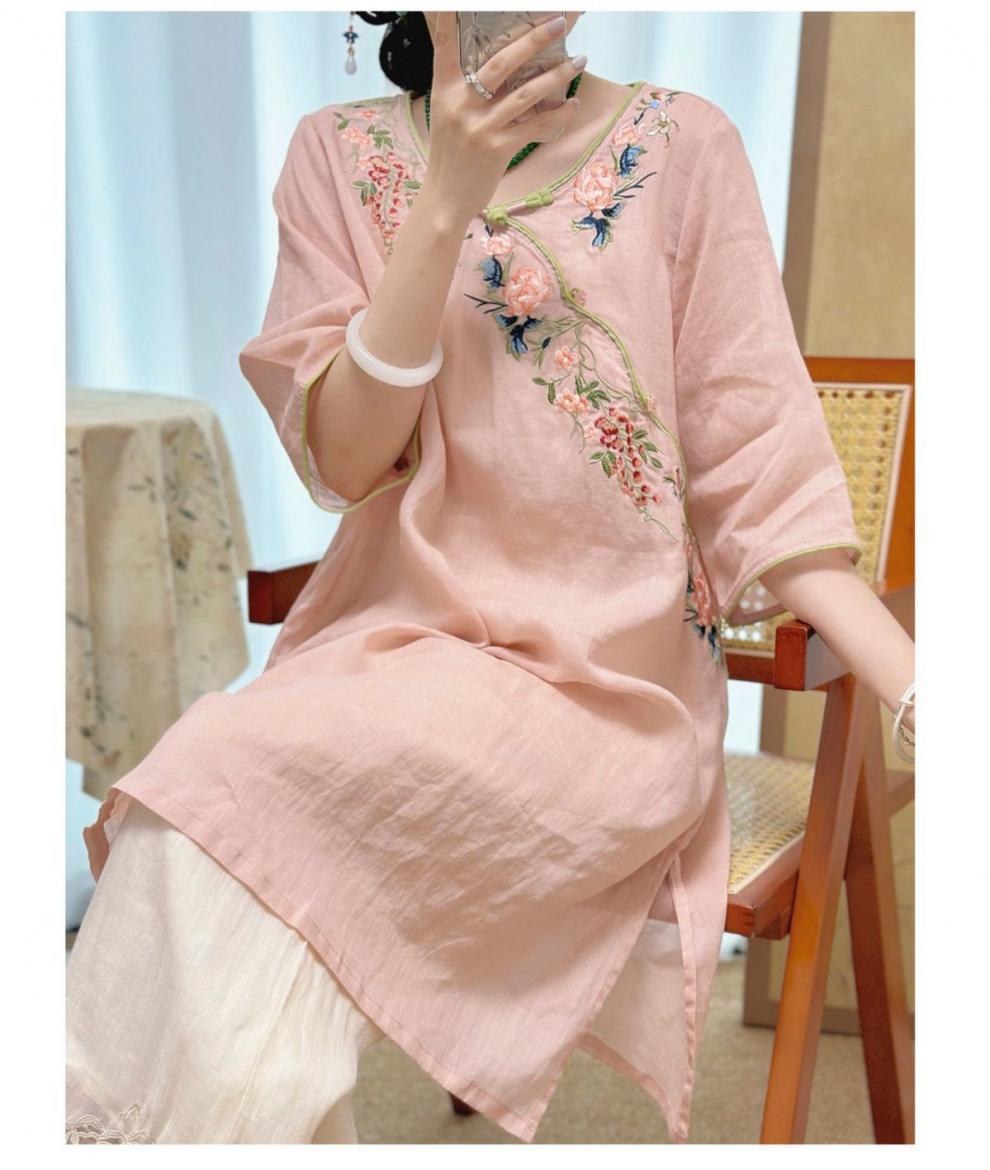New spring and summer style of improved cheongsam, pure cotton, retro embroidery, Zen tea dress, mid-sleeved dress for women pic 6