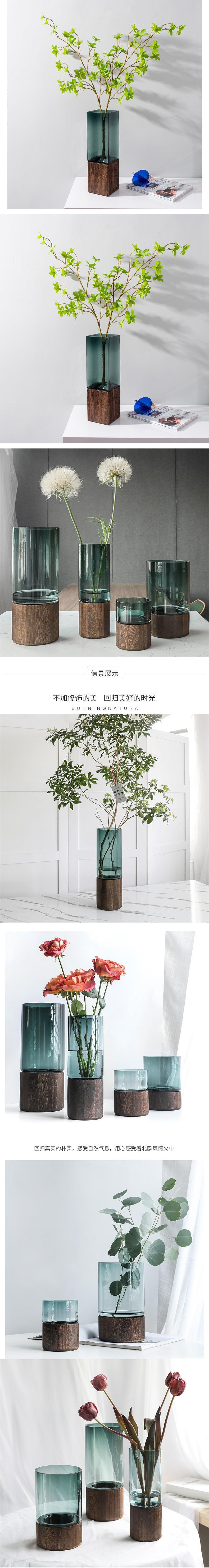 高档新中式木底座玻璃大花瓶批发落地马醉木花瓶客厅装饰花瓶摆件详情1