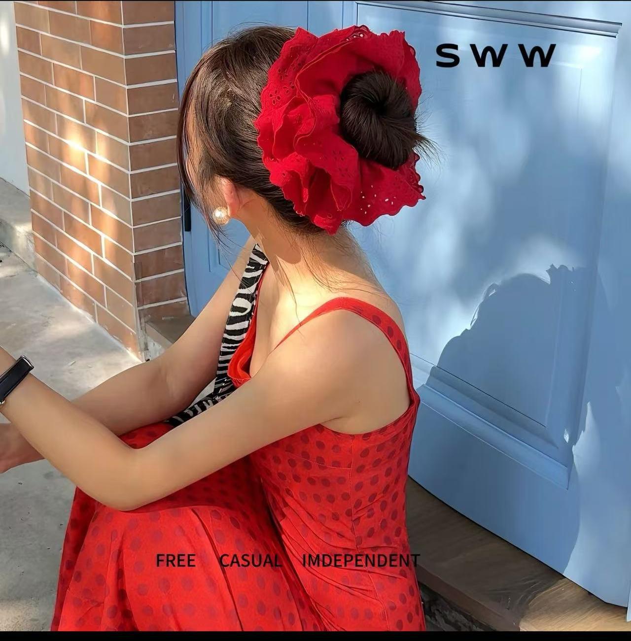 杨超越同款红色花边蕾丝发圈法式复古温柔发饰少女镂空超大号发绳详情1