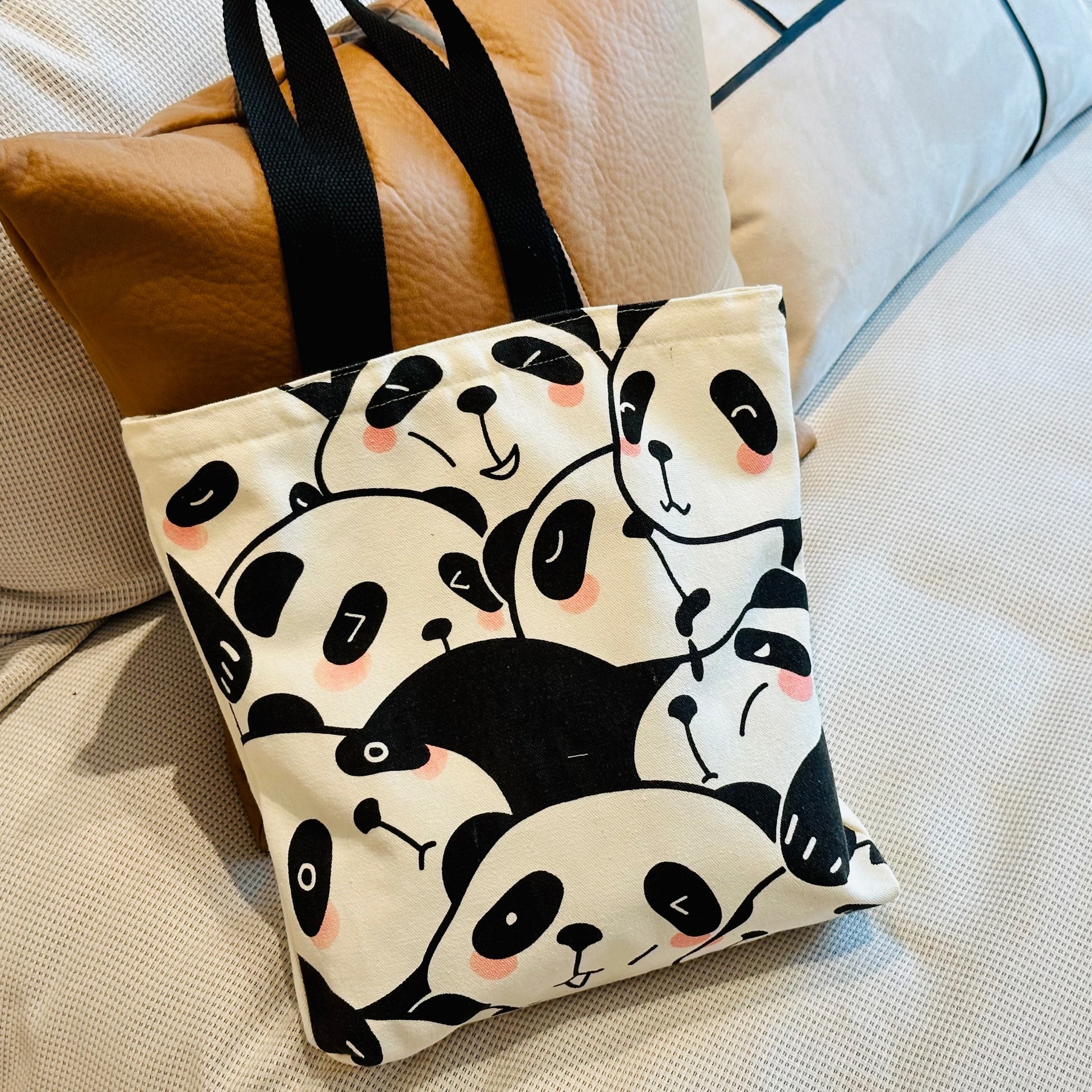 Cute panda hand-held canvas bag, simple and versatile, artistic Instagram single-shoulder bag, shopping and travel bag for female students and mothers pic 12
