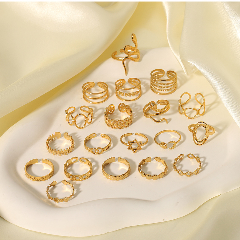 Cross-border simple ins style leaf geometric hollowed-out flower 18k gold-plated serpentine high-end multi-layer titanium steel ring for women pic 16