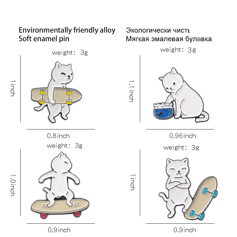 跨境热销卡通玩滑板的猫合金胸针 创意搞怪黑白猫咪包包配饰徽章详情2