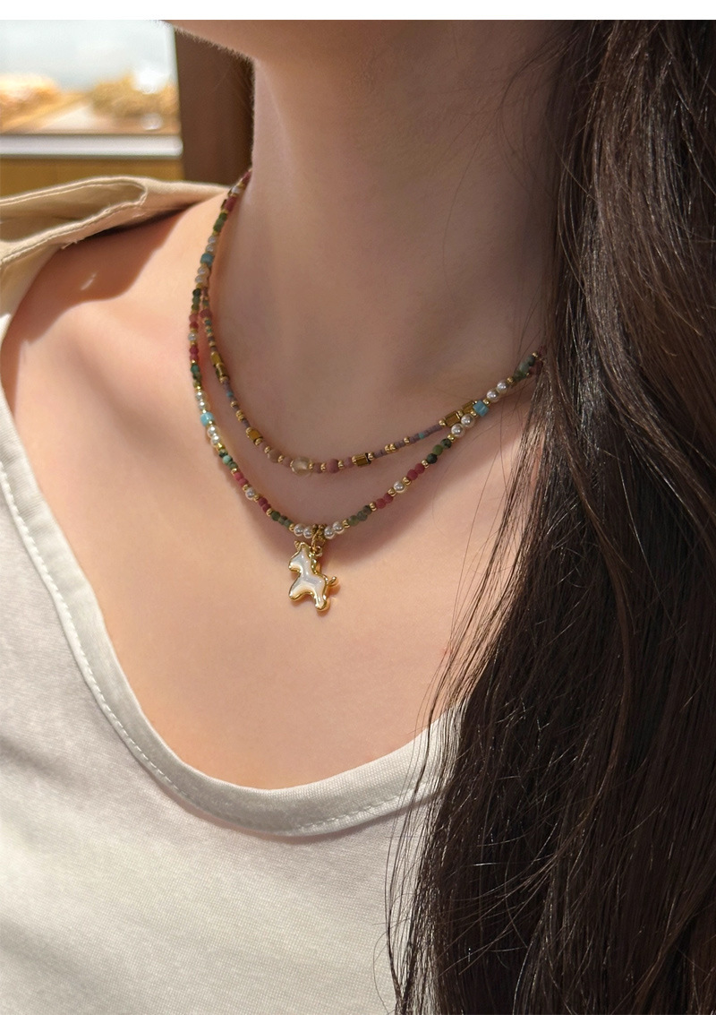 贝母独角兽多巴胺项链女轻奢小众混色天然石锁骨链小马吊坠颈链详情7
