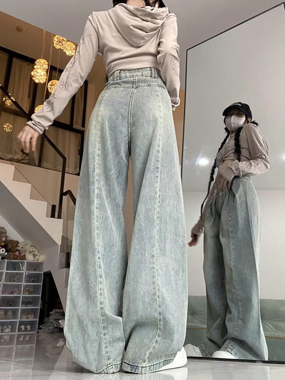 浅色复古阔腿高腰牛仔裤女秋季显瘦宽松大码胖拖地垂感直筒裤子XH详情5