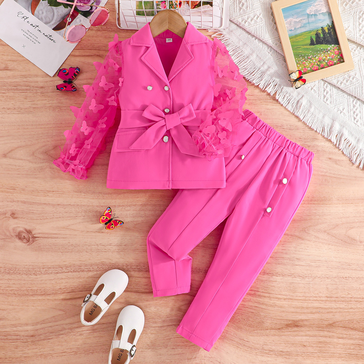 跨境专供—女童春秋装 时尚甜美风儿童套装 精致蕾丝袖西装两件套详情19