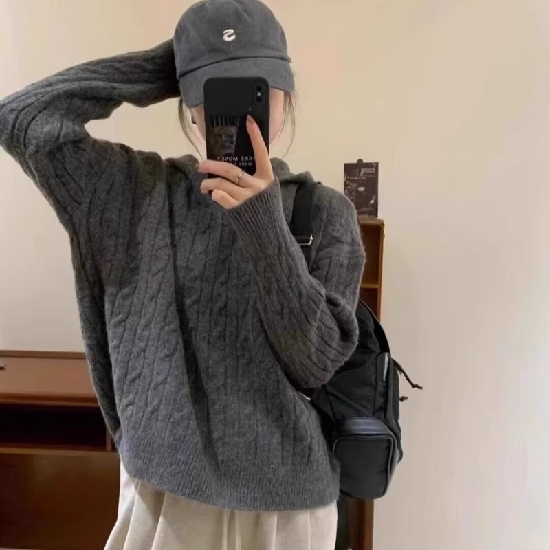 100羊毛连帽针织衫女冬休闲慵懒麻花帽衫毛衣显瘦内搭休闲羊绒潮详情2