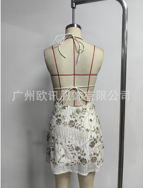 Y2k 亮片串珠连衣裙女式性感闪亮露背迷你连衣裙水钻俱乐部礼服详情3