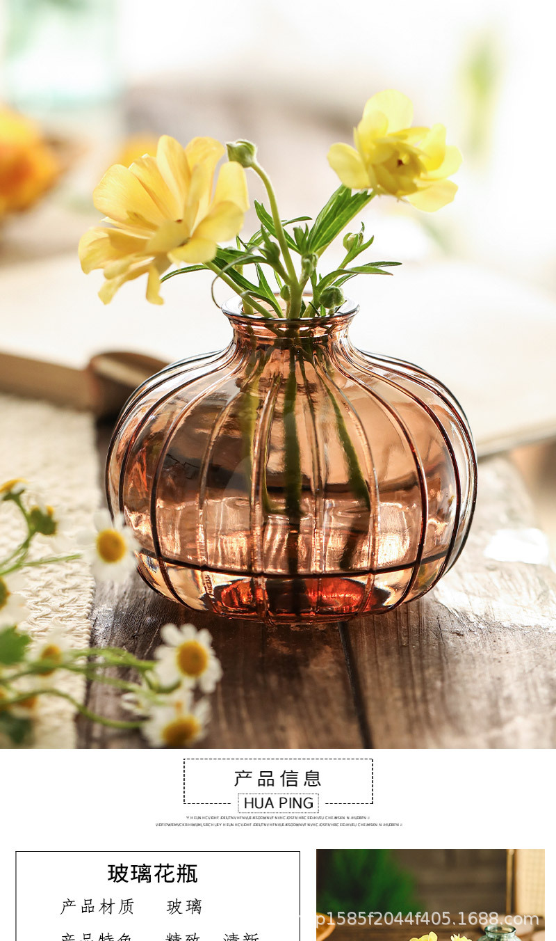 Wholesale of Amazon transparent glass vases, colorful small-mouthed, small-sized vertical patterned hydroponic fresh flower tabletop decorative items pic 3