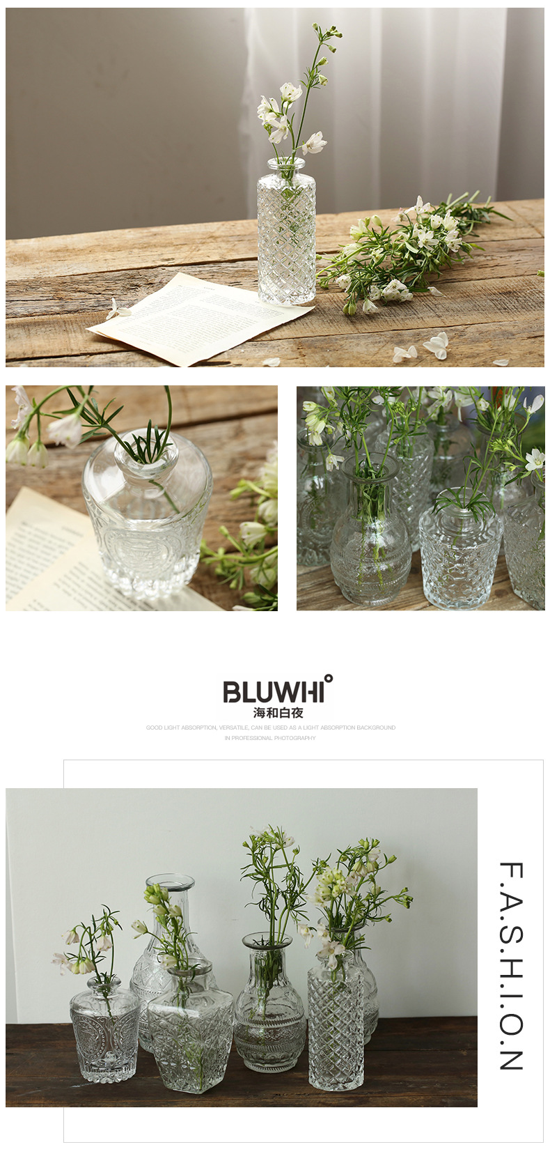 Retro light luxury embossed transparent French glass small vase, ins style home decoration, pocket-sized living room flower arrangement vase pic 17