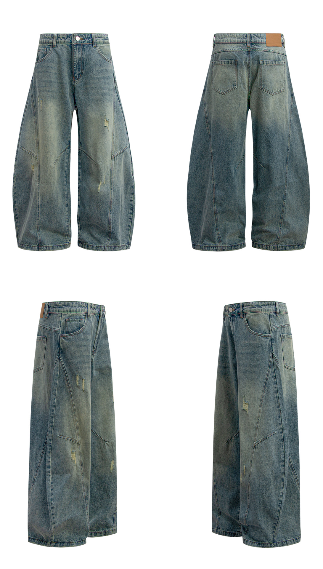 American retro washed distressed cat beard silhouette scythe jeans for men and women, loose floor-length scythe long pants pic 5