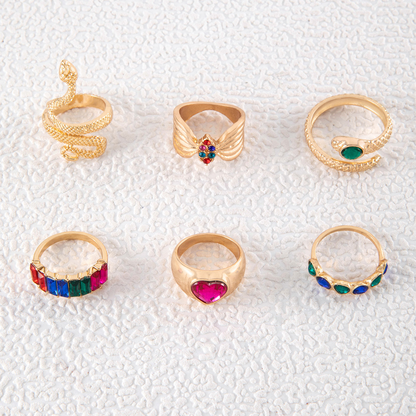 欧美流行饰品戒指手饰 蛇形爱心仿绿宝石镶钻ins风五件套戒指女详情61