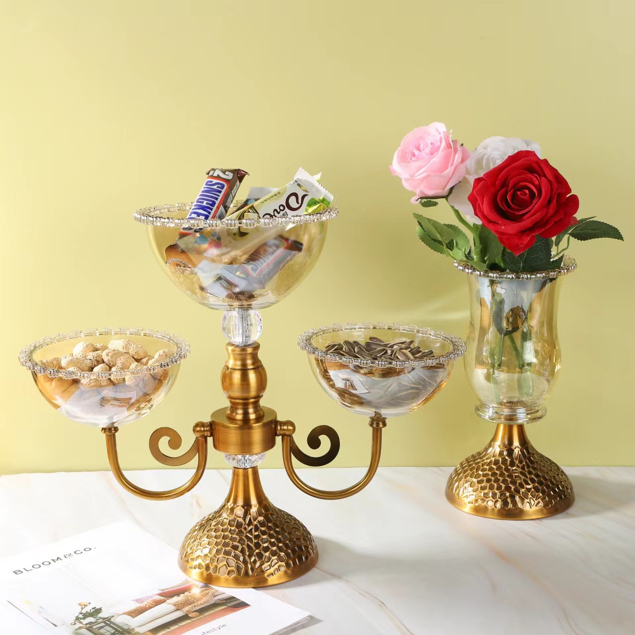 European-style flower sea glass fruit bowl and fruit plate, light luxury, fashionable and diverse living room coffee table ornaments, popular cross-border vases pic 1