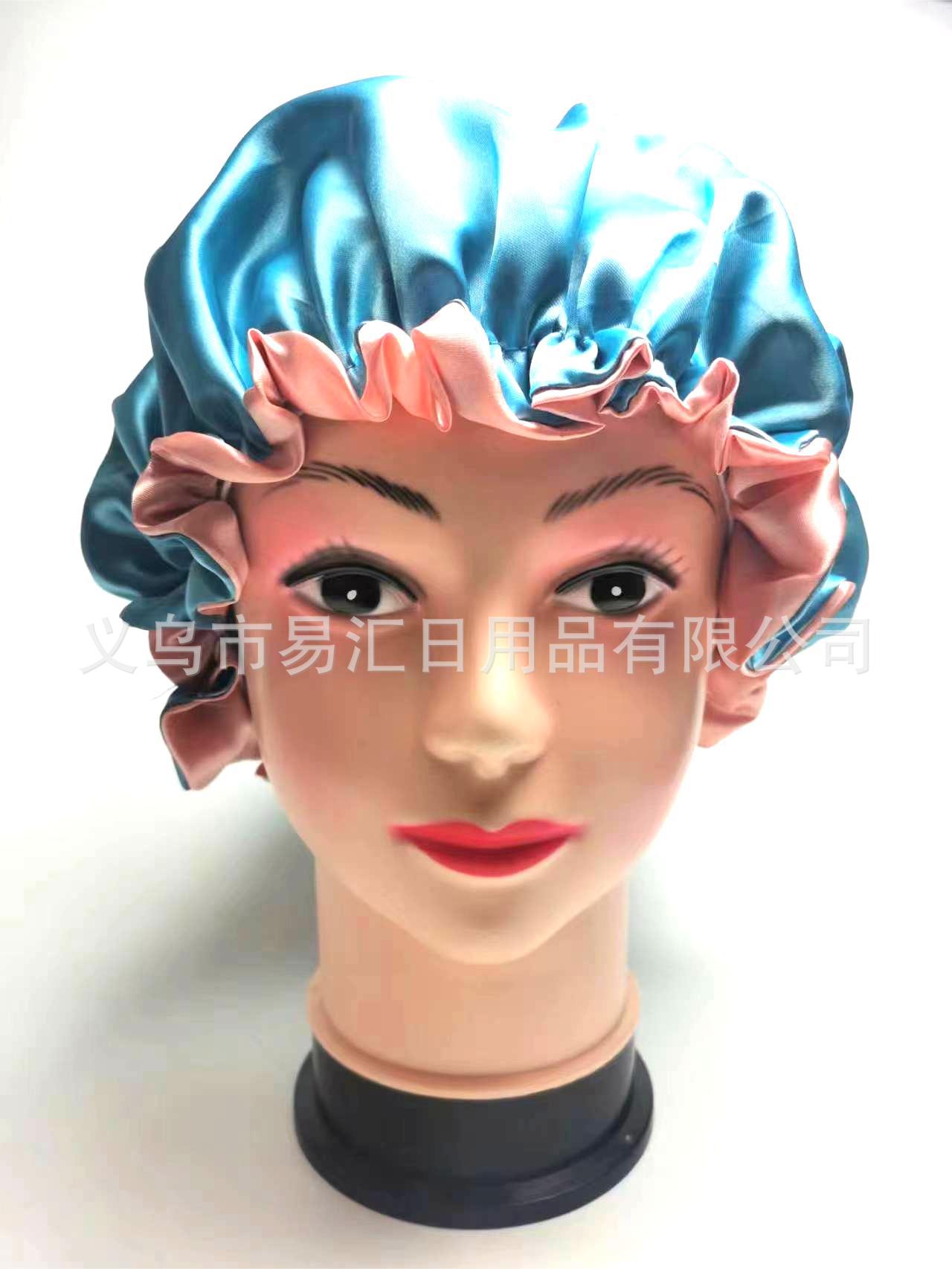 厂家直销 大号双层色丁弹力睡帽 木耳边双里衬松紧带可逆纯色浴帽详情1
