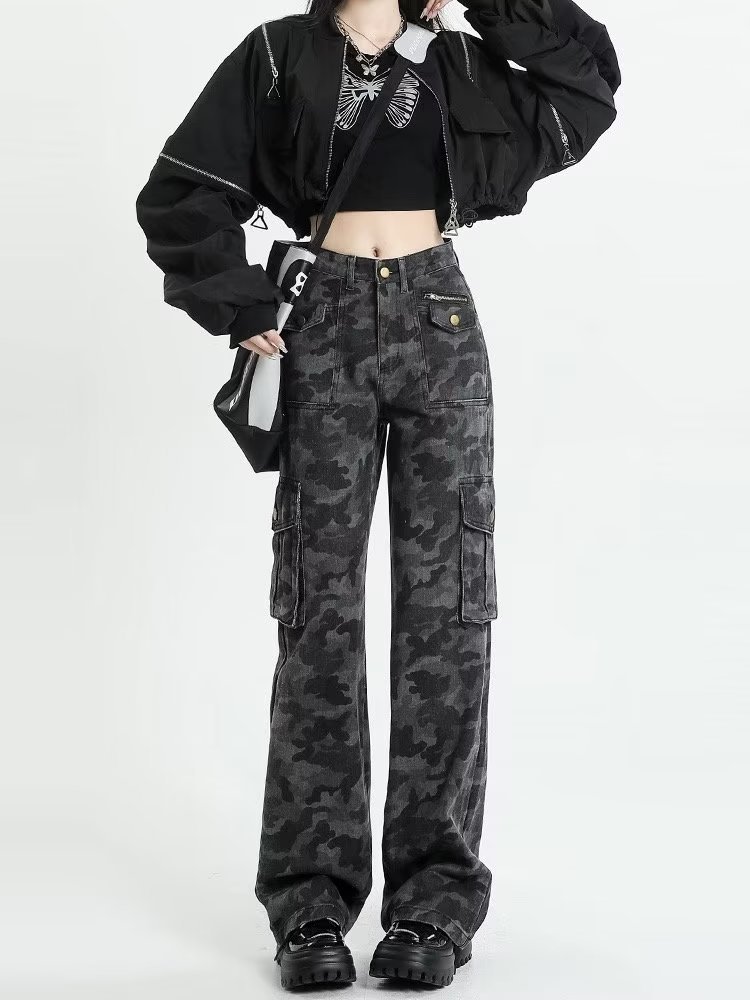 迷彩工装裤女美式高个子牛仔裤子辣妹阔腿裤迷彩服显瘦复古迷彩裤详情4