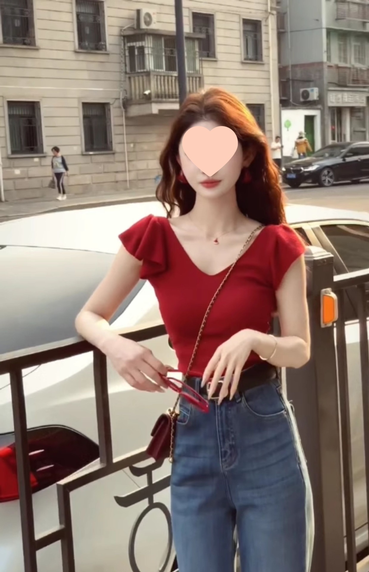 红色领短袖针织衫正肩恤女夏季修身显瘦纯欲辣妹小飞袖短款上衣详情6