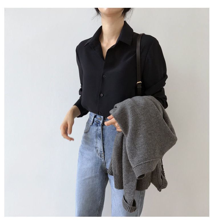 Black chiffon shirt for women, loose polo collar long-sleeved top, professional OL, solid color Hong Kong-style base, elegant shirt for women pic 7
