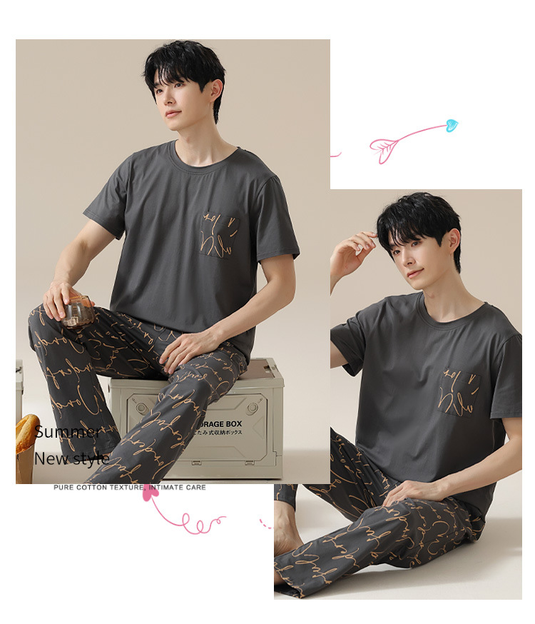 Summer pure cotton pajamas for men, cartoon casual short-sleeved shirts and long pants, pure cotton comfortable home wear, summer youth student set pic 108