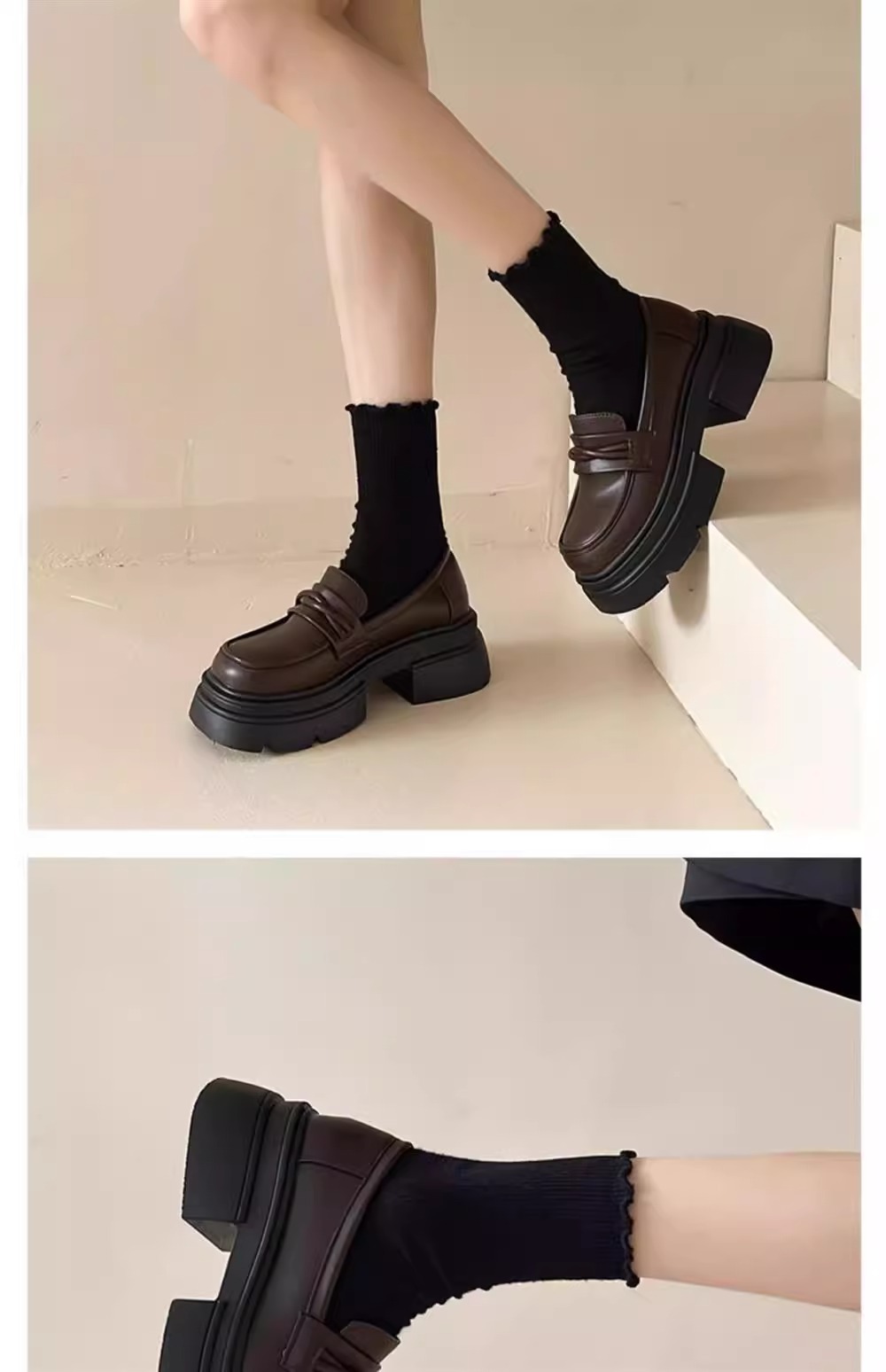 牛皮版~英伦风厚底真皮小皮鞋女复古黑色休闲松糕鞋一脚蹬乐福鞋详情16