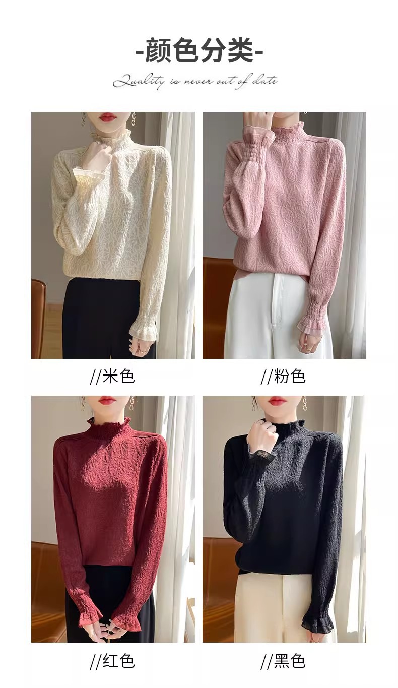 The 2025 autumn/winter new style lace and black ear-trimmed semi-high neck base layer for women is super stylish. Pair it with an A9325 sweater pic 6