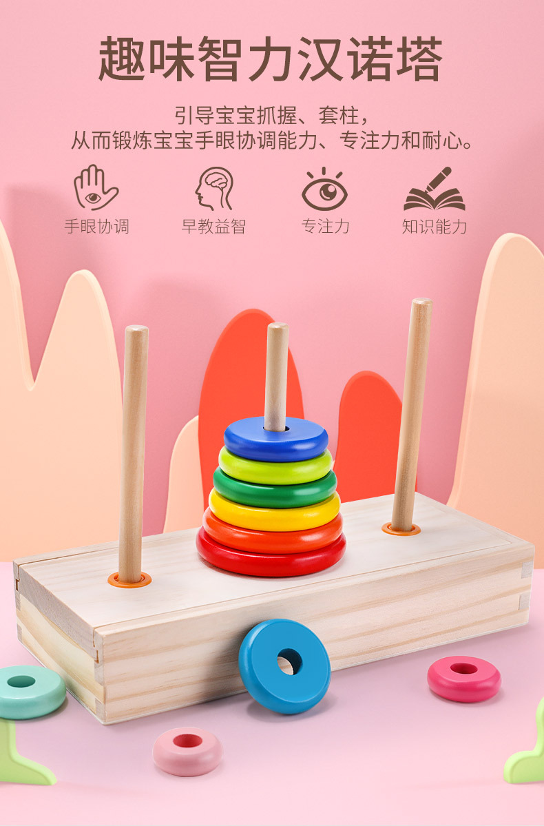 包邮 10层彩色智力汉诺塔彩虹塔木制儿童益智早教玩具教具游戏详情1