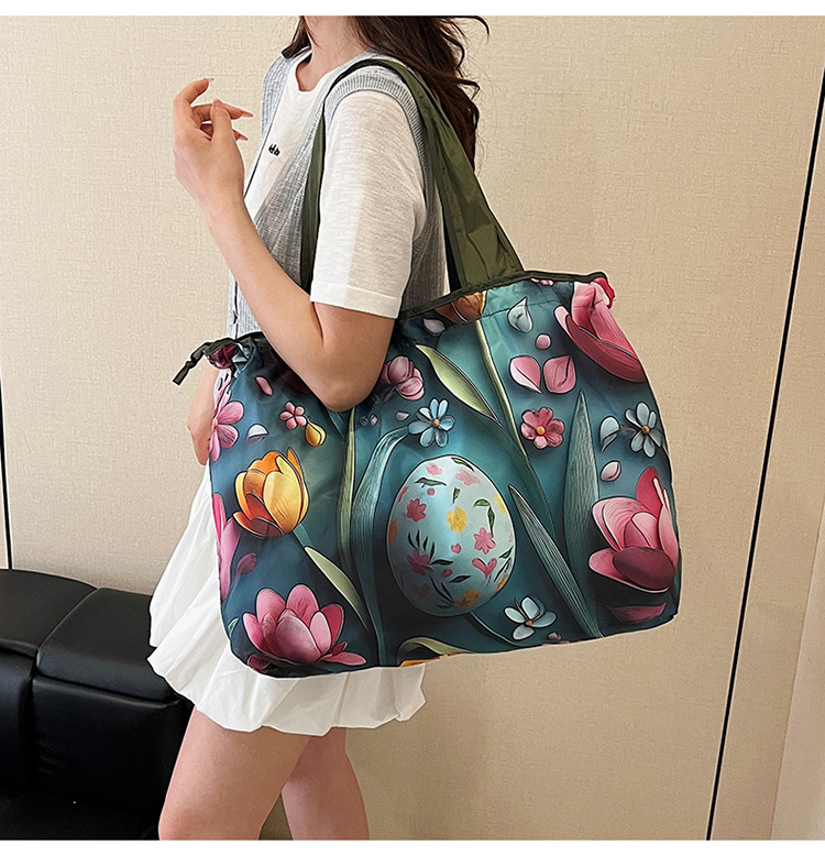 大容量花朵印花单肩包防水购物袋尼龙外出托特包时尚复古手提包详情26